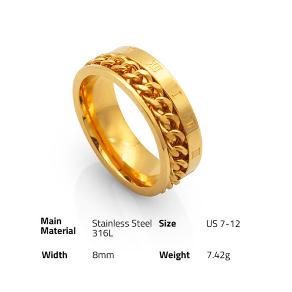 Chris April in stock fashion jewellery PVD gold plated 316L stainless steel roman numbers chain men band ring - Image 6