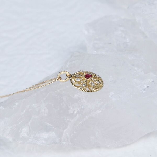 Chris April custom solid gold 18k 14k 9k  natural ruby diamond lacy round charm pendant necklace jewelry - Image 4