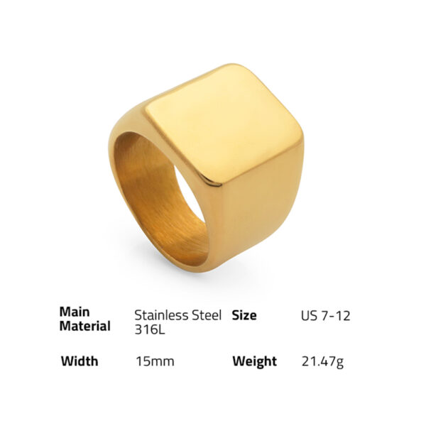 Chris April in stock fashion jewellery PVD gold plated 316L stainless steel glossy signet band ring for men - Image 6