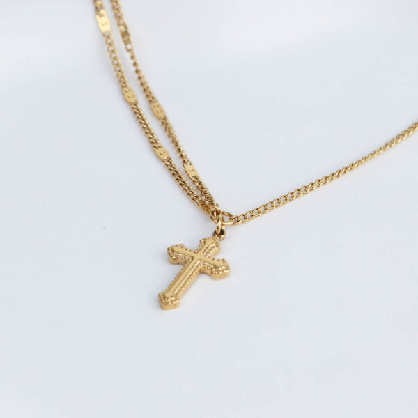 Chris April in stock 18k PVD gold plated 316L stainless steel vintage double-layers cross pendant charm necklace - Image 4