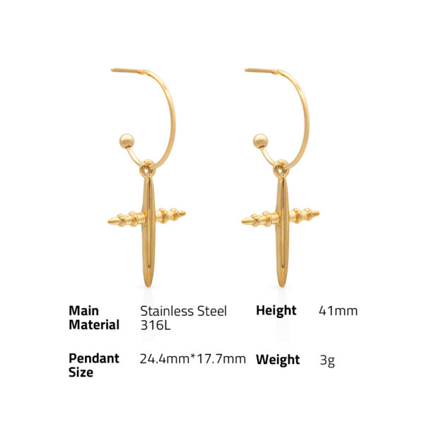 Chris April in stock 316L stainless steel 18k PVD gold plated simple C shape hoop cross drop stud earrings - Image 6