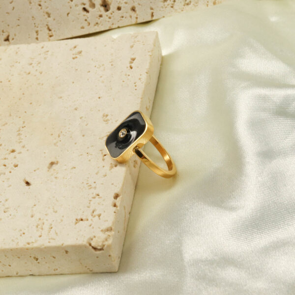 Chris April in stock dainty jewelry PVD gold plated 316L stainless steel black enamel ring  with zircon - Image 4