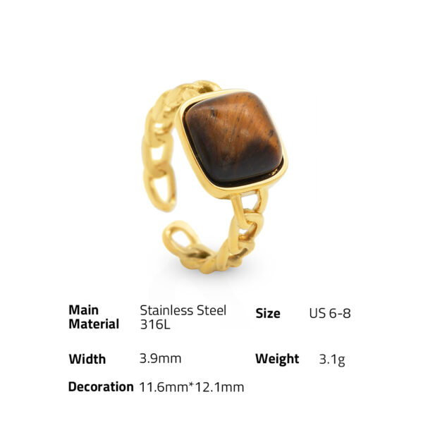 Chris April trendy jewelry 316L stainless steel 18k PVD gold plated natural stone signet adjustable finger ring - Image 6