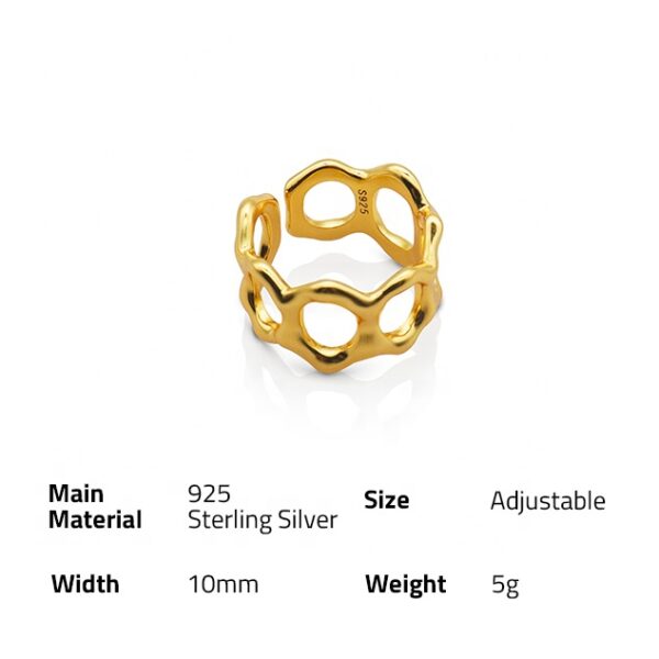 Chris April In Stock 925 Sterling Silver Gold Plated Honeycomb Simple and irregular concave-convex wide face hollow ring - Image 6