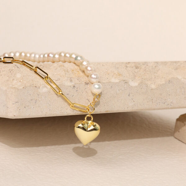 Chris April 925 sterling silver gold plated 18k gold pearl and link heart chain necklace for women - Image 3