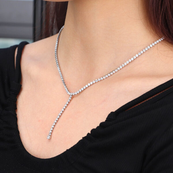 Chris April stainless steel Y shape tassel bejeweled choker tennis silver chain necklace - Image 6