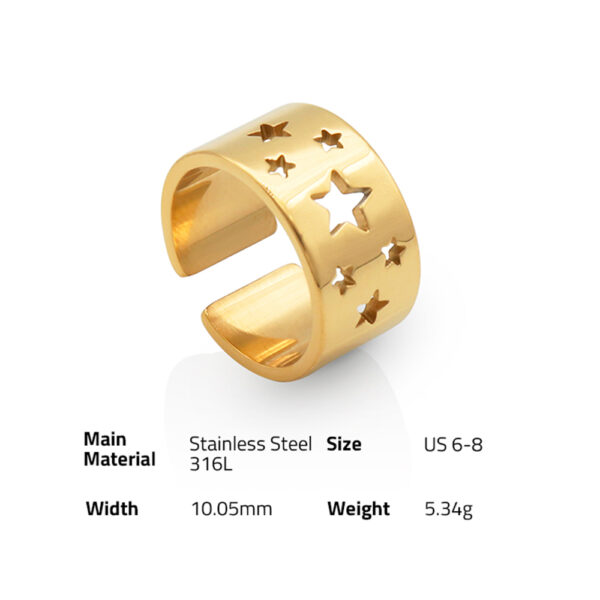 Chris April in stock fashion jewelry PVD gold plated 316L stainless steel minimalist Hollowed out star band ring - Image 6