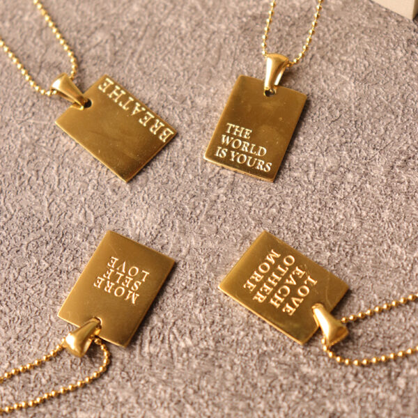 Chris April in stock fashion PVD gold plated 316L stainless steel Proverbs English Square Card Necklace - Image 4