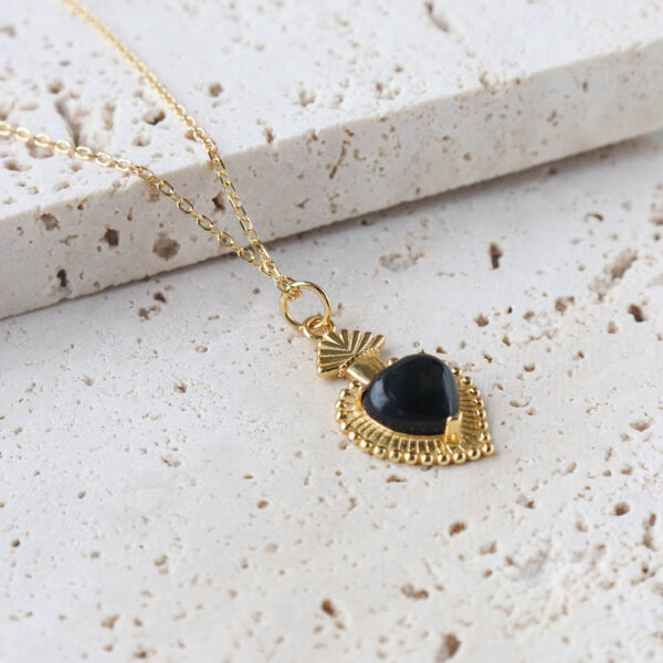 Chris April fine jewelry 925 sterling silver gold plated black agate heart shape pendant necklace - Image 4