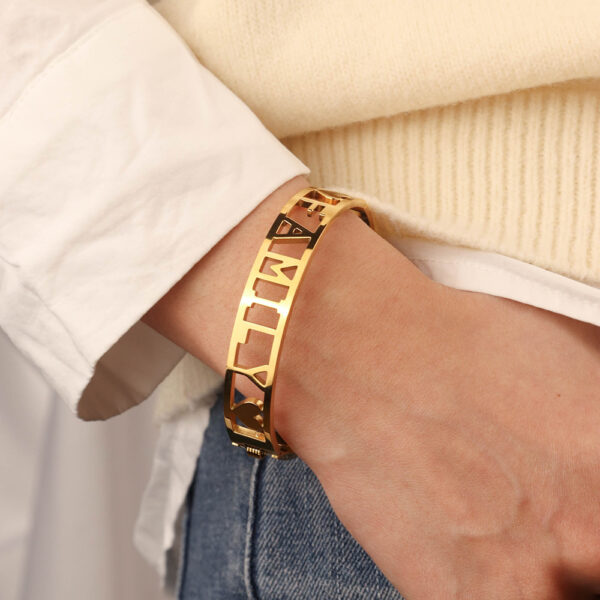 Chris April in stock 316L stainless steel PVD gold plated letters FAMILY hollow out cuff bracelet - Image 3