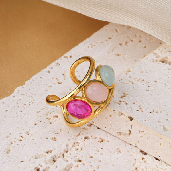 Chris April 316L stainless steel band ring gold colorful gems hollowed-out chunky rings - Image 3