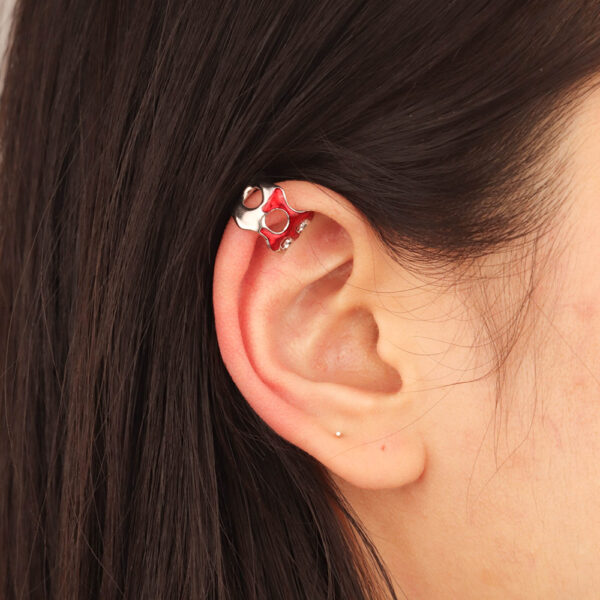 Chris April in stock 925 sterling silver minimalist organic shape green and red enamel ear cuff earrings - Image 5