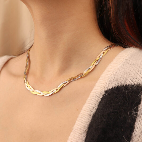 Chris April stainless steel 18k PVD three gold twisting herringbone choker necklace - Image 5