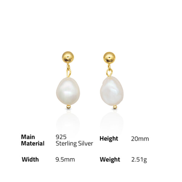 Chris April gold plated 925 sterling silver simple fresh water baroque pearl stud earring - Image 6