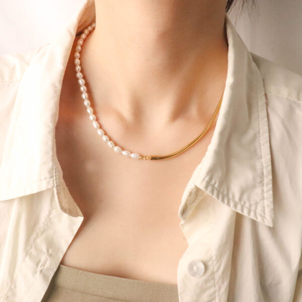 Chris April PVD gold plated 316L stainless steel bohemian style half cultured freshwater pearl and round snake chain necklace - Image 3