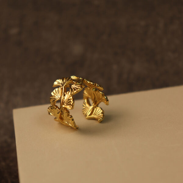 Chris april  in stock925 sterling silver gold plated adjustable Ginkgo biloba leaf band ring - Image 4