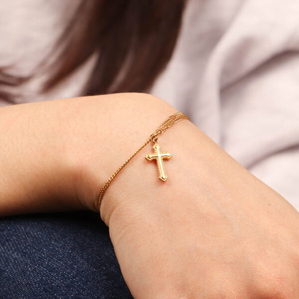 Chris April  in stock 316L stainless steel 18k PVD gold plated vintage cross charm double-layers chain bracelet - Image 3